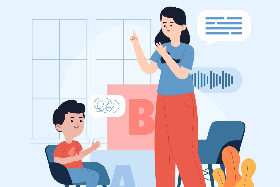Vibrant hand-drawn illustration for Applied Behavior Analysis in autism speech therapy. 